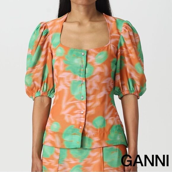 GANNI **NWT** Button-Up Puff Sleeve Crepe Blouse Vibrant Orange / Green Floral - Picture 6 of 16